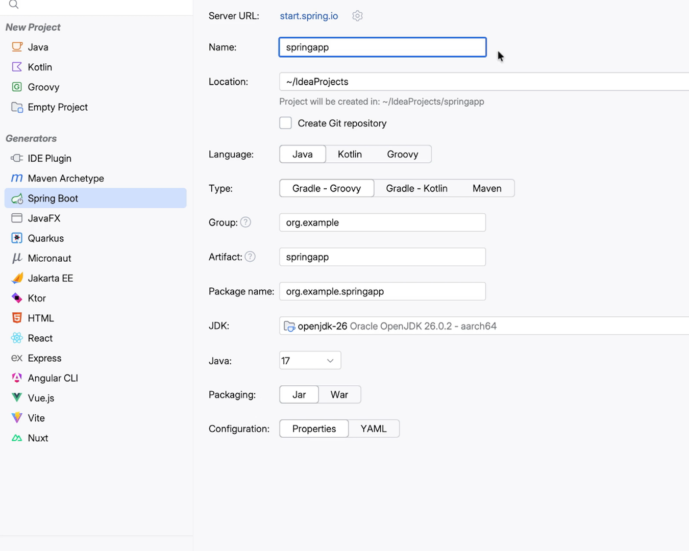Light theme New Project wizard for a Spring Boot Java and Kotlin app