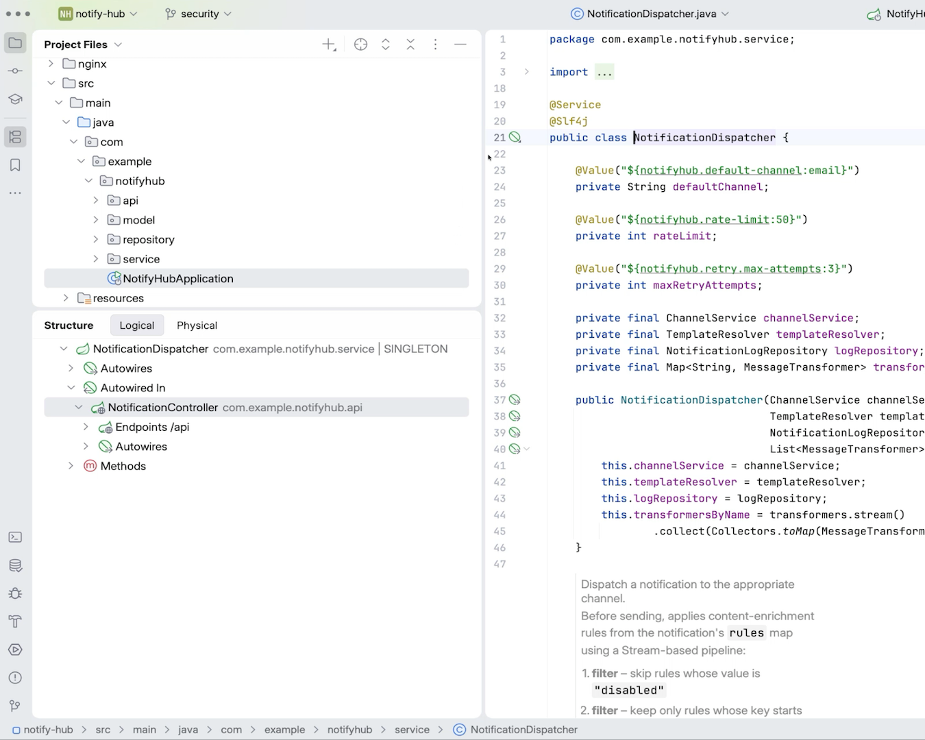 Light theme IntelliJ IDEA project tree and editor on NotificationDispatcher