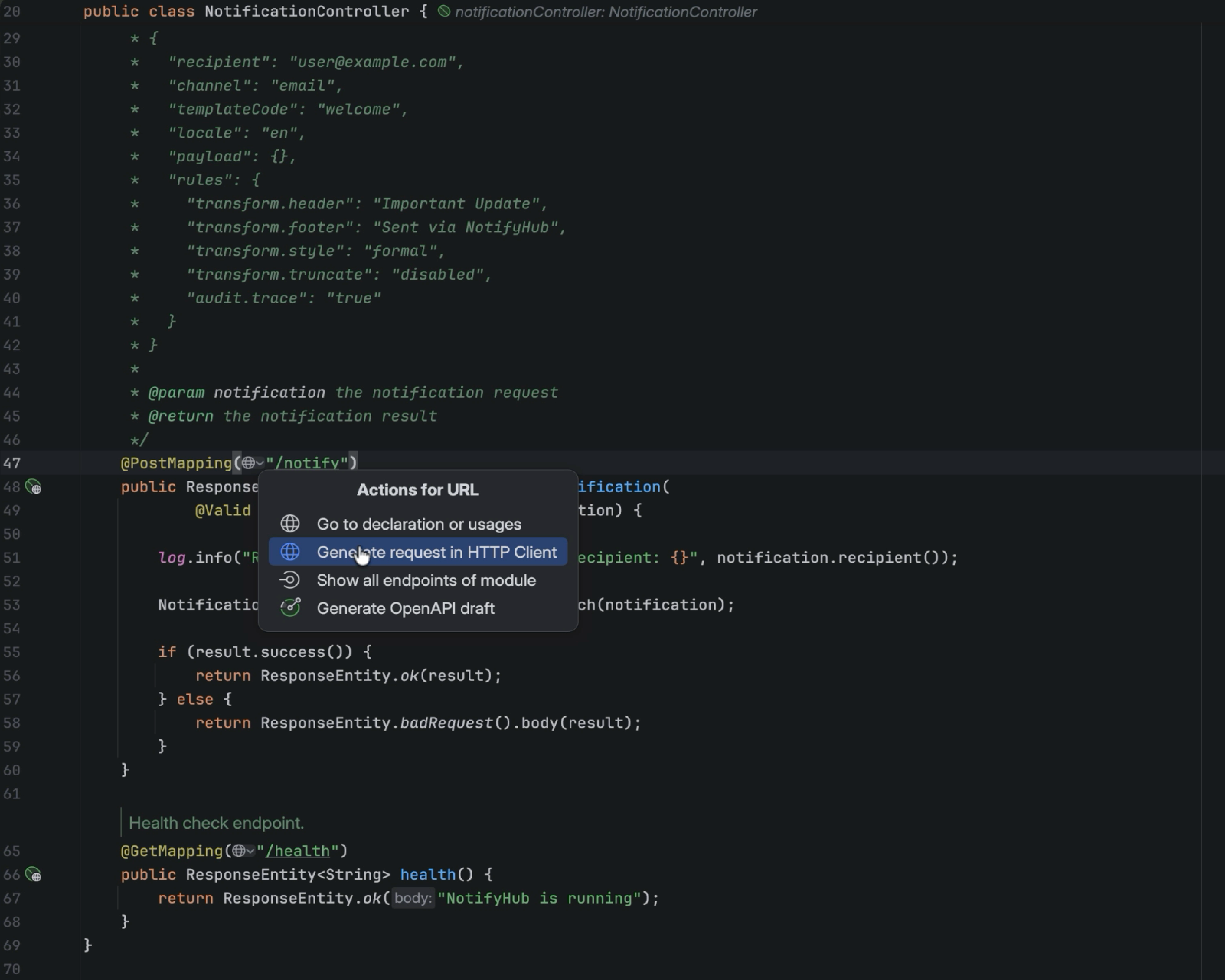 IntelliJ IDEA endpoint actions for a Spring PostMapping including HTTP Client and OpenAPI draft