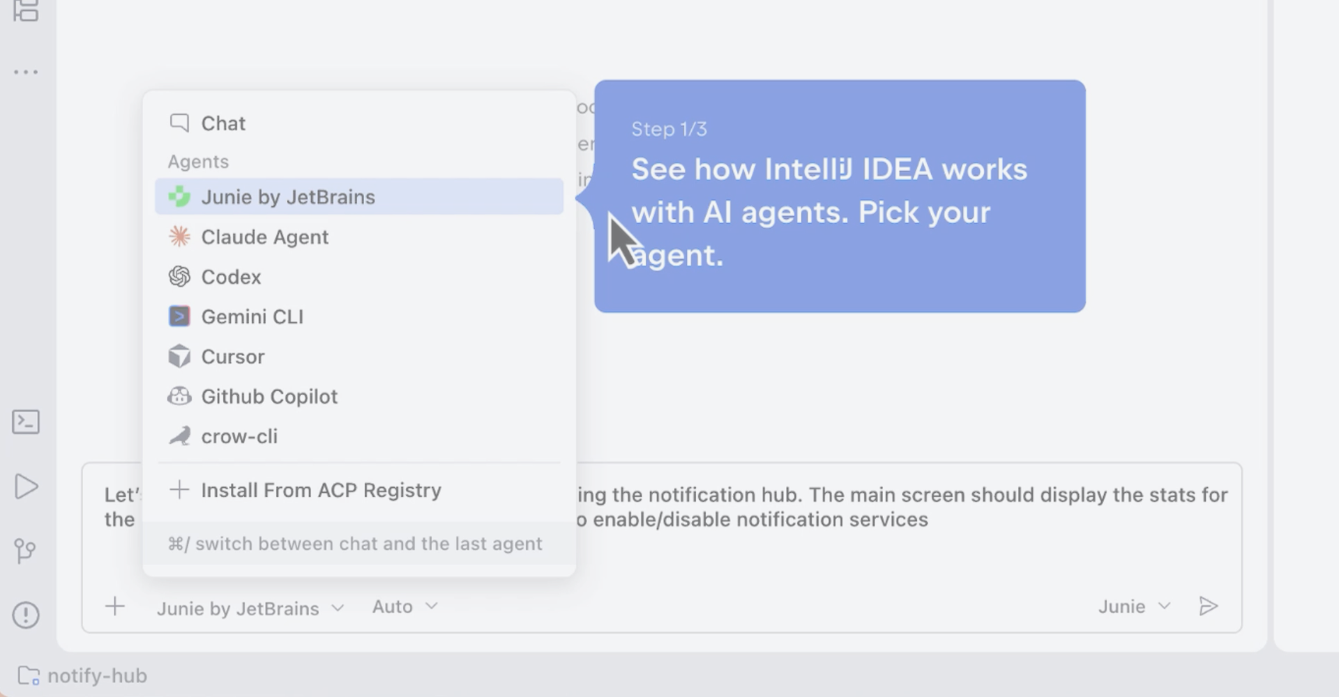 Light theme IntelliJ IDEA agent picker opened from the editor