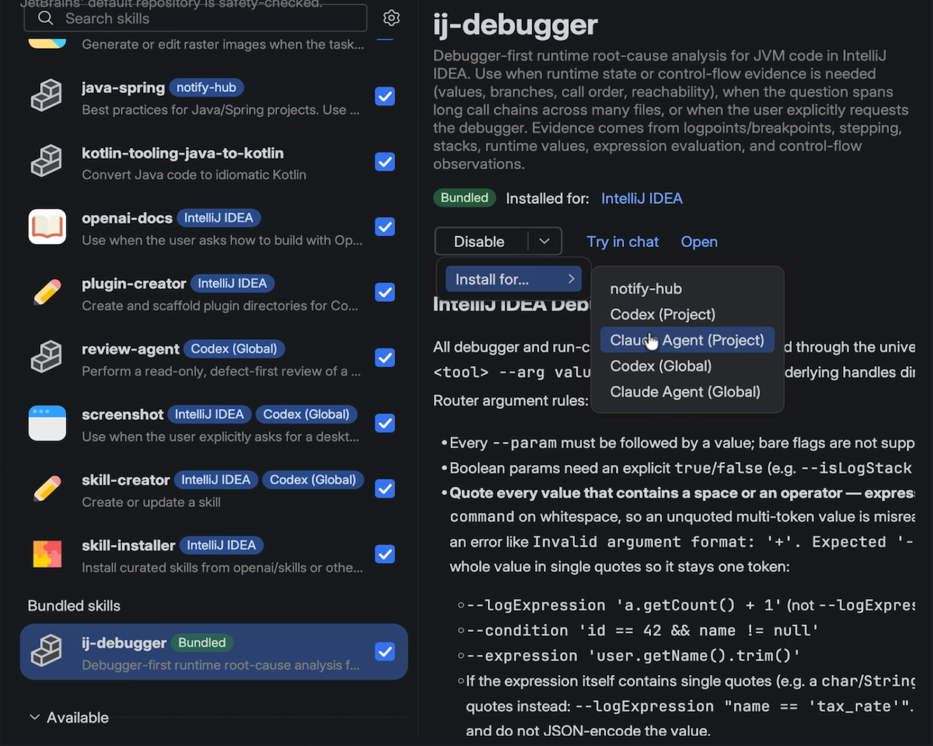 Bundled IntelliJ IDEA skills and the ij-debugger agent picker