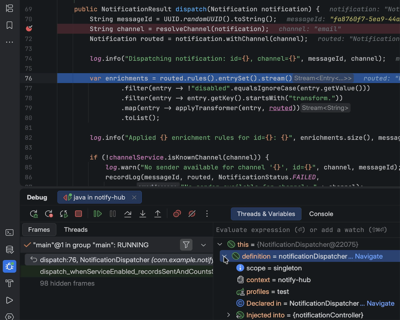 Dark IntelliJ IDEA debugger on NotificationDispatcher with Frames and Variables open