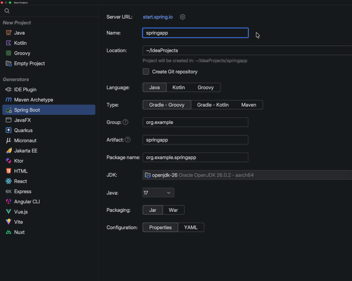 New Project wizard for a Spring Boot app with Java, Kotlin, and Gradle options