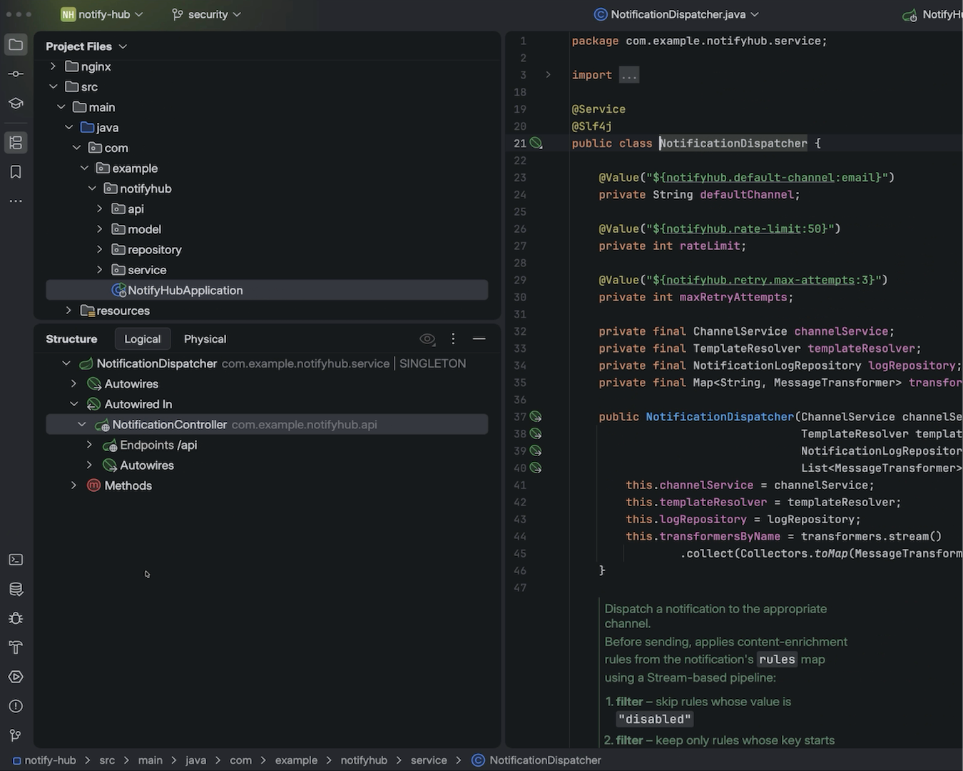 IntelliJ IDEA project tree and NotificationDispatcher.java in a Spring notify-hub service